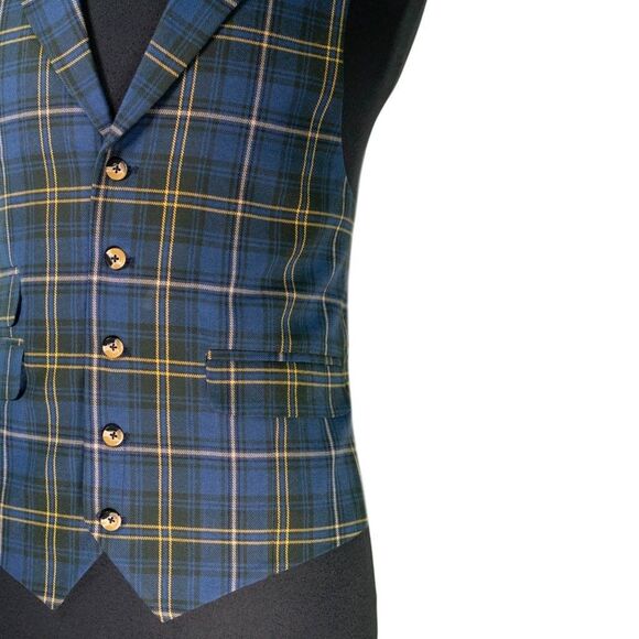 Mens 42R Wool Vest Blue Yellow Green Tartan Plaid Waistcoat Preppy Casual Formal - Picture 6 of 10